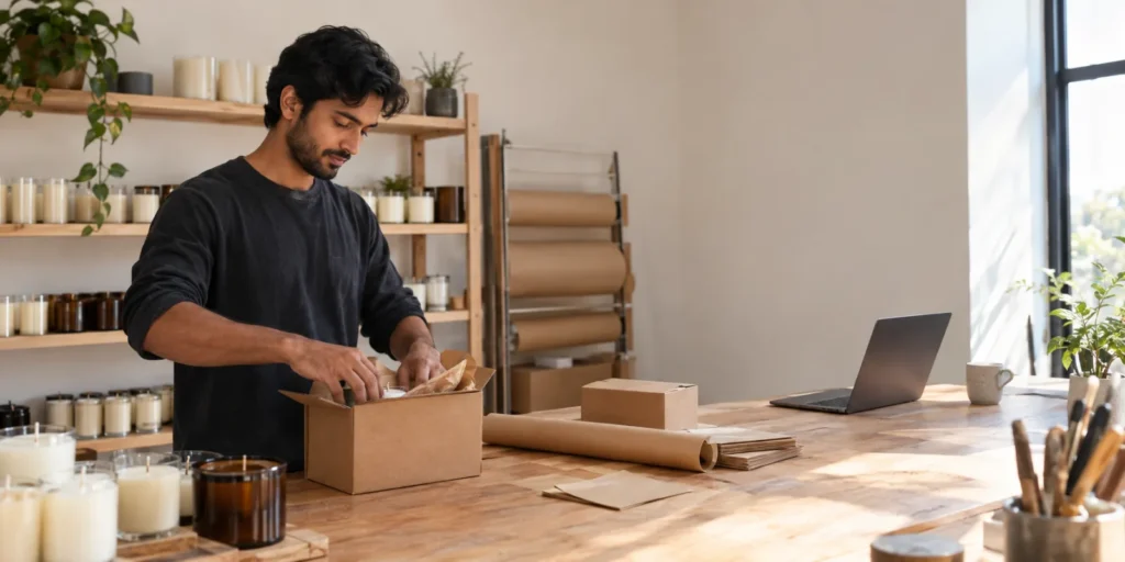 Small online shop owner packing a candle order into a cardboard box at a workbench in a bright studio