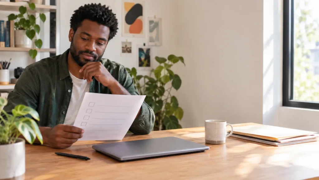 Freelance designer at a home studio desk reviewing a printed sheet, with a closed laptop, a mug and paper folders