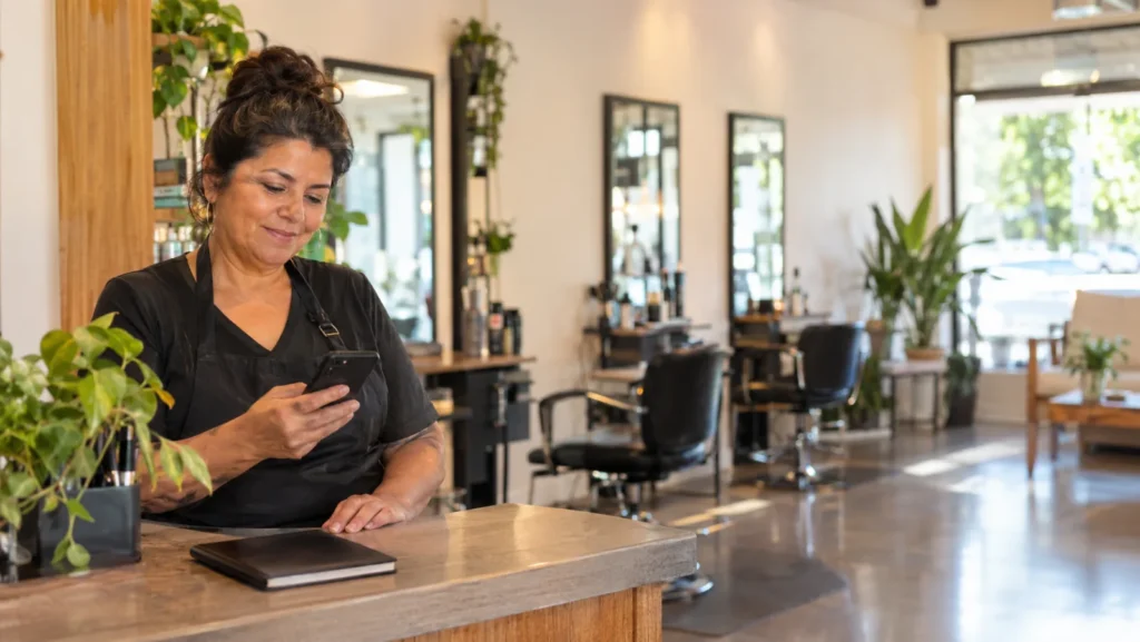 Hair salon owner at the reception counter checking her phone between appointments, with salon chairs and mirrors behind her