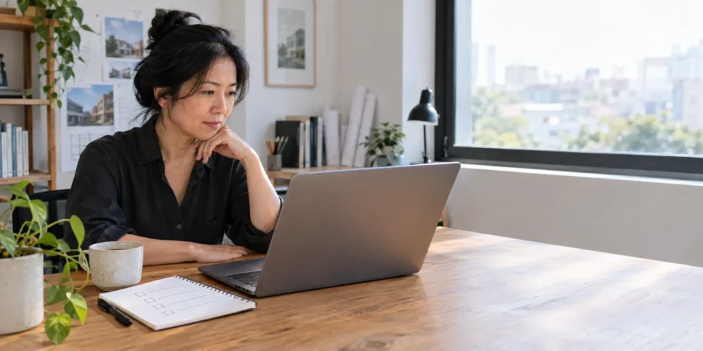 Small business owner working on a laptop at a wooden desk in a bright office, with a notepad checklist and a coffee mug