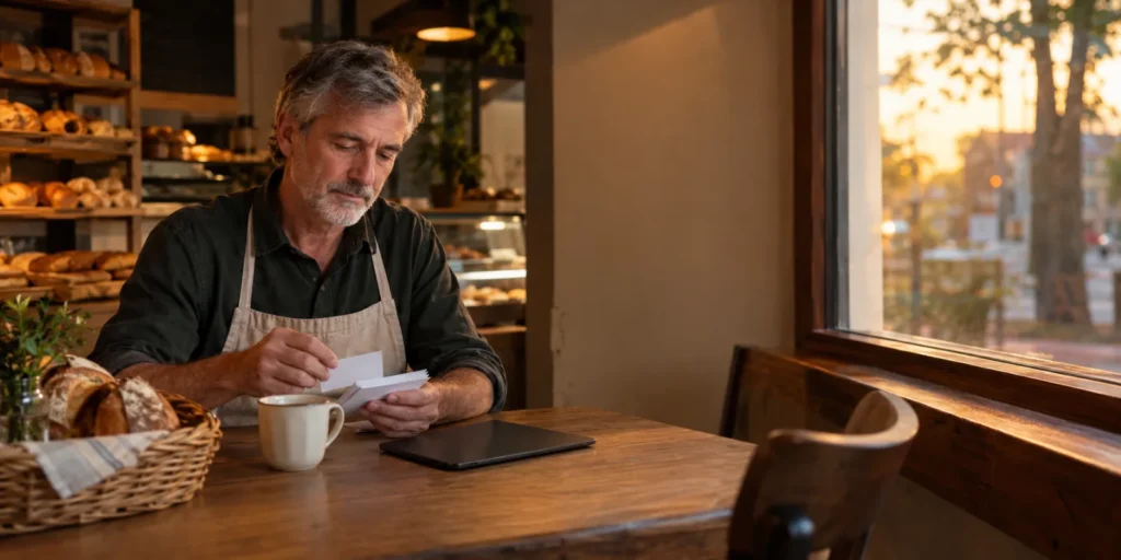 Bakery owner sorting index cards at a cafe table after closing, with a coffee cup, a tablet and a basket of bread